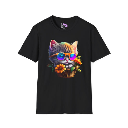 Cool Colorful Kitten in Flowers Adult T-shirt