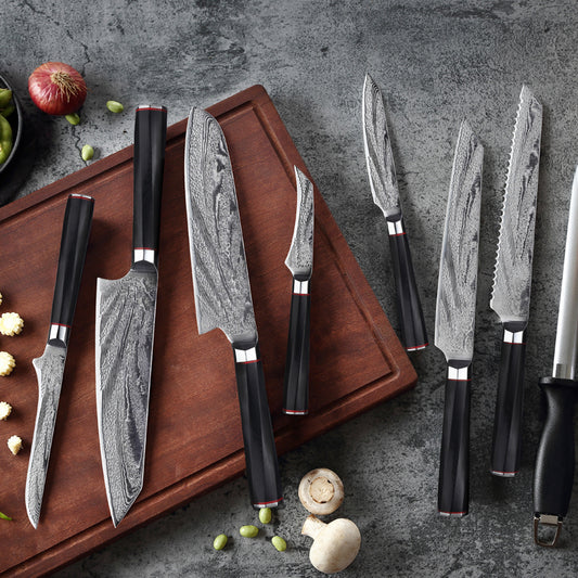 Damascus Steel Twisted Black Handle Chef's Knife Set