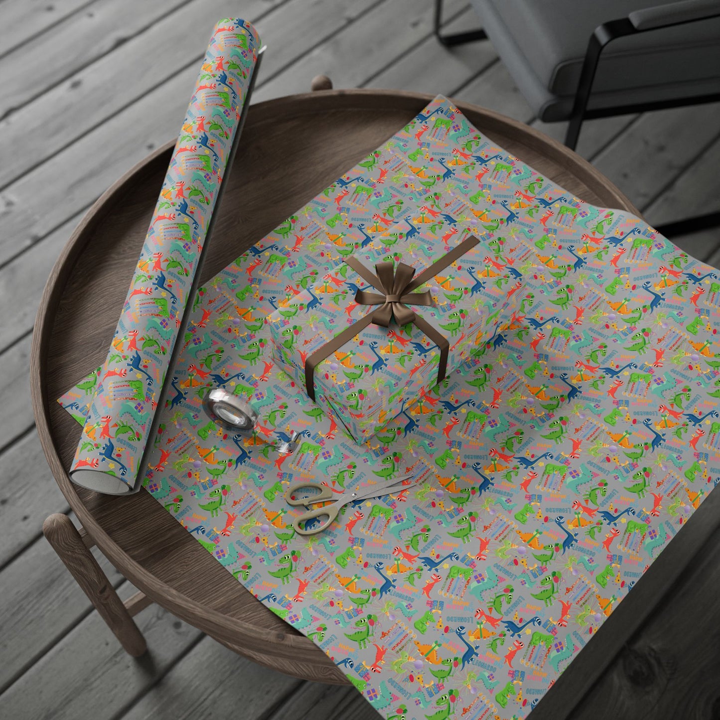 Birthday Dinosaur (Lt. Grey) Custom Name Wrapping Paper (Leonardo)