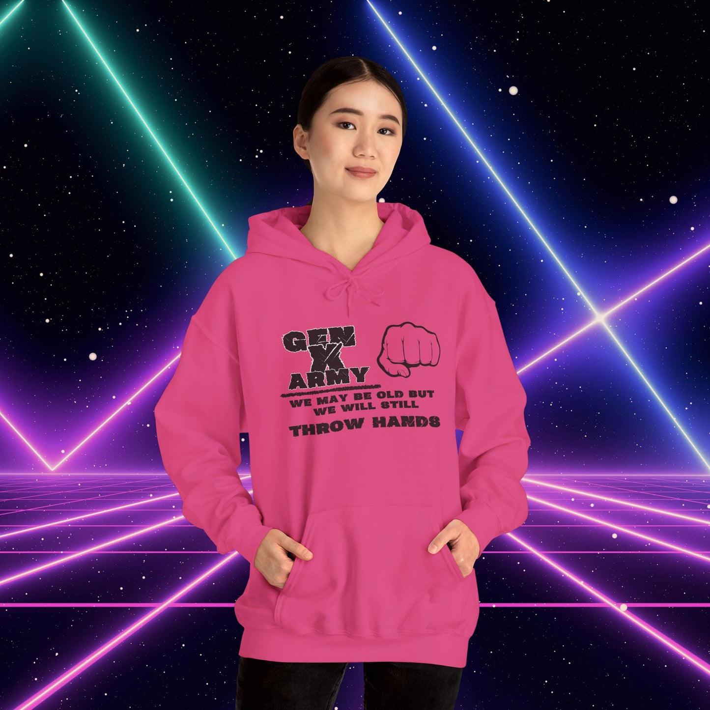 Gen X Army We May Be Old But We Will Still Throw Hands Heavy Blend™ Hooded Sweatshirt