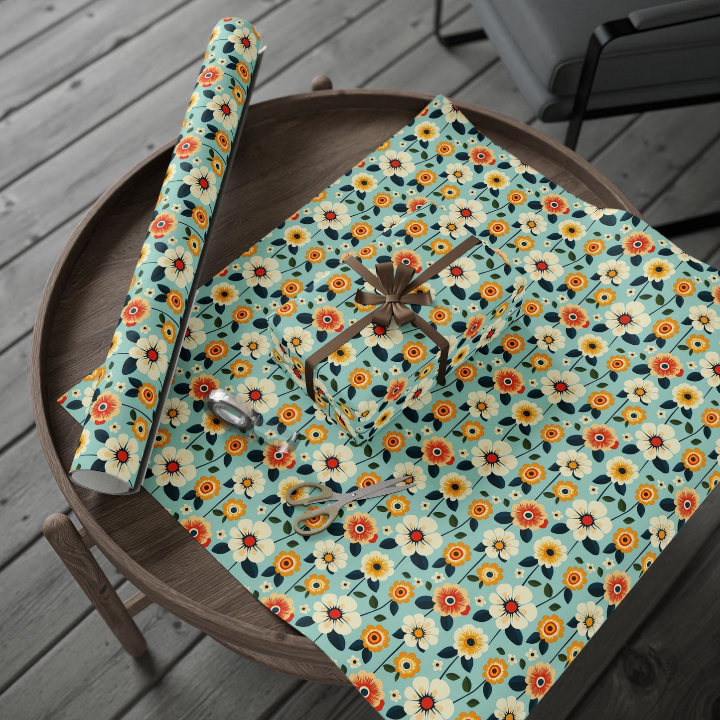 Yellow & White Flowers over Teal Wrapping Paper