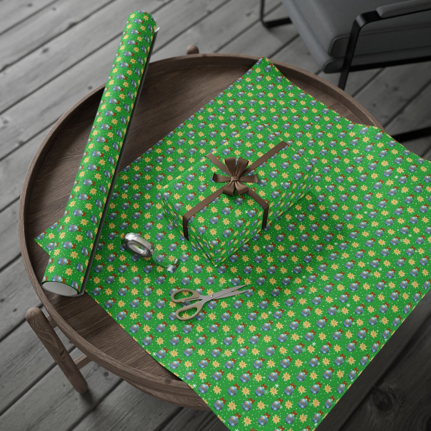 Blue Ornament Green Paper Custom Wrapping Paper (Suzie)