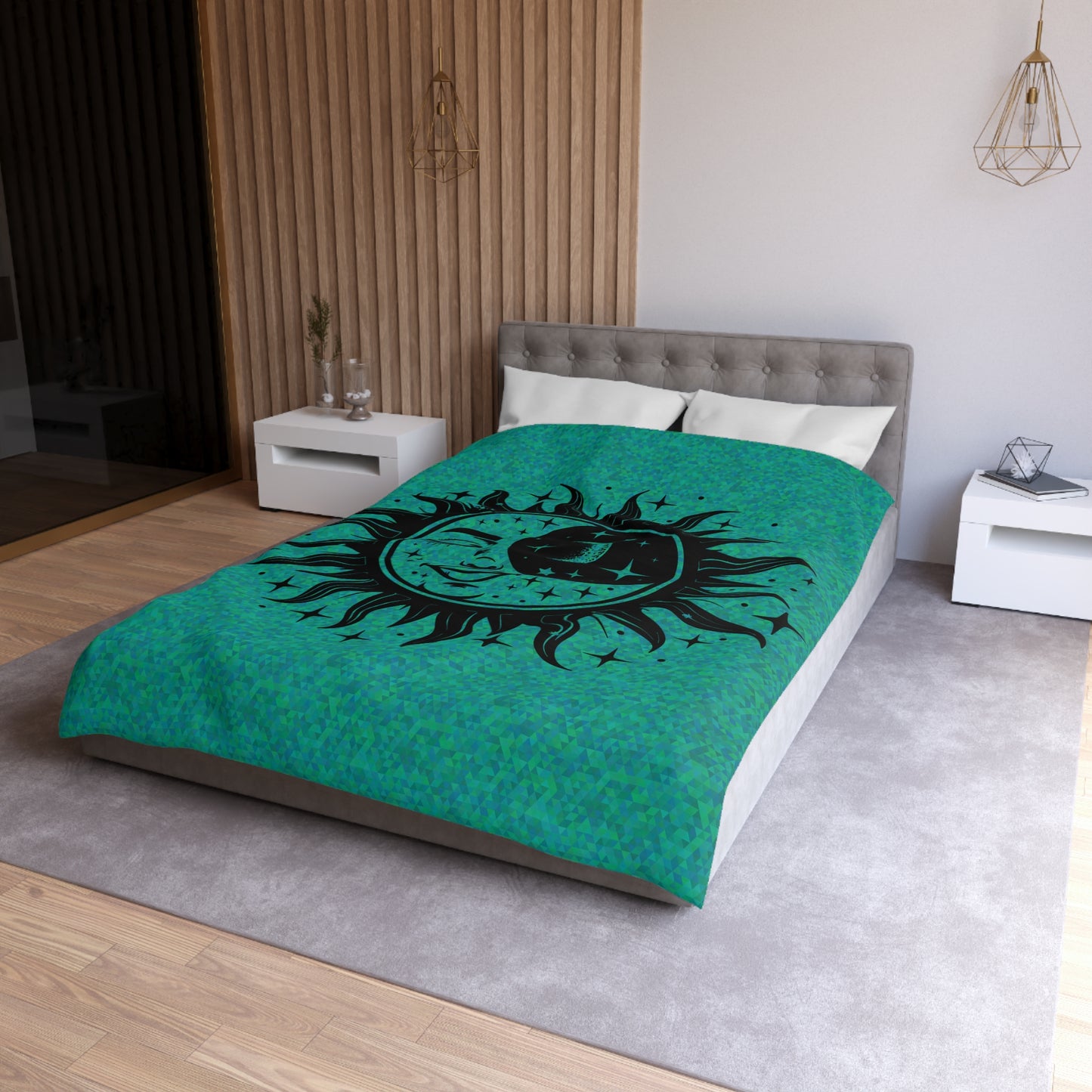 Sun & Moon on Teal Microfiber Duvet Cover