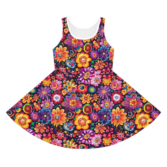 Vivid Floral on Black Print Girls' Sleeveless Sundress - Perfect for Summer Parties & Playdates