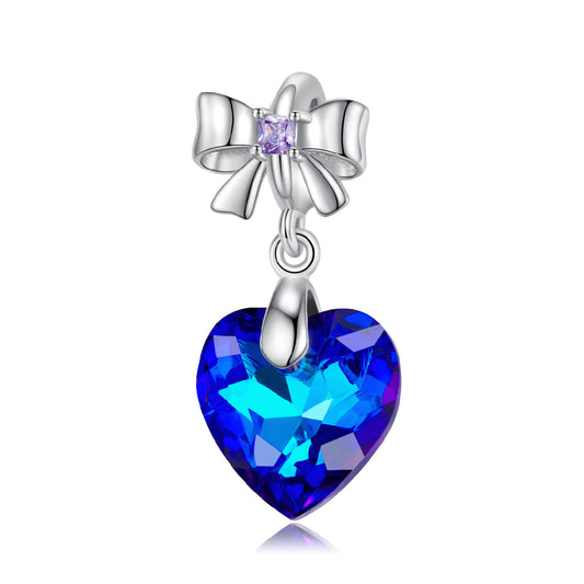 Vibrant Blue Heart-shaped Crystal Sterling Silver 925 Bowknot Pendant