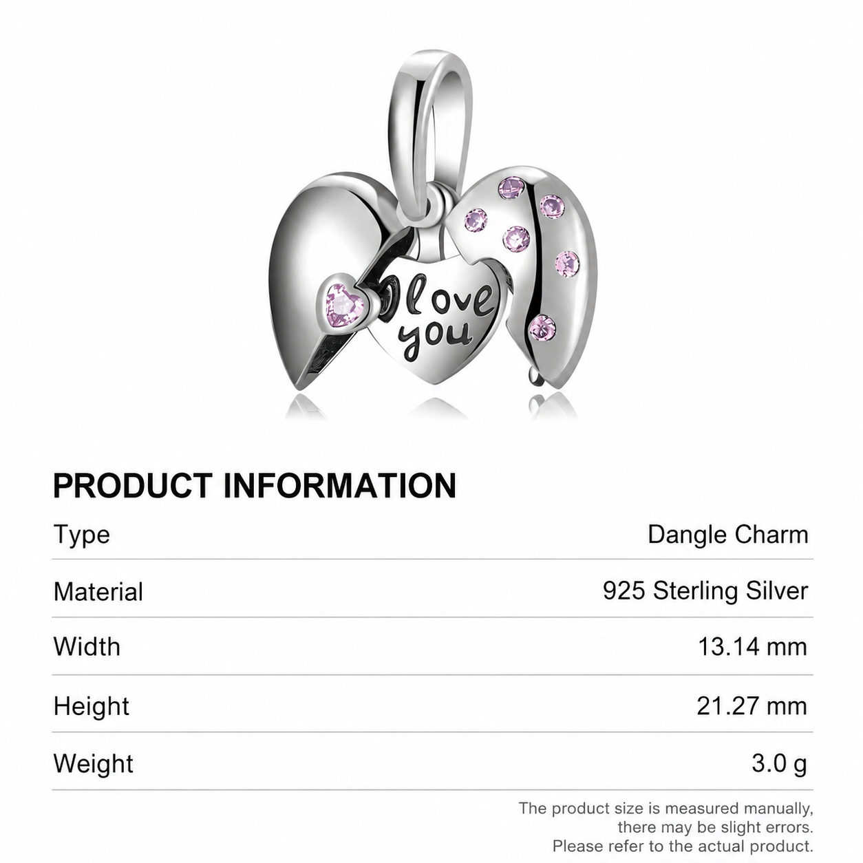 925 Sterling Silver "Love You" Heart Dangle Charm – Pink CZ Romantic Pendant Bead