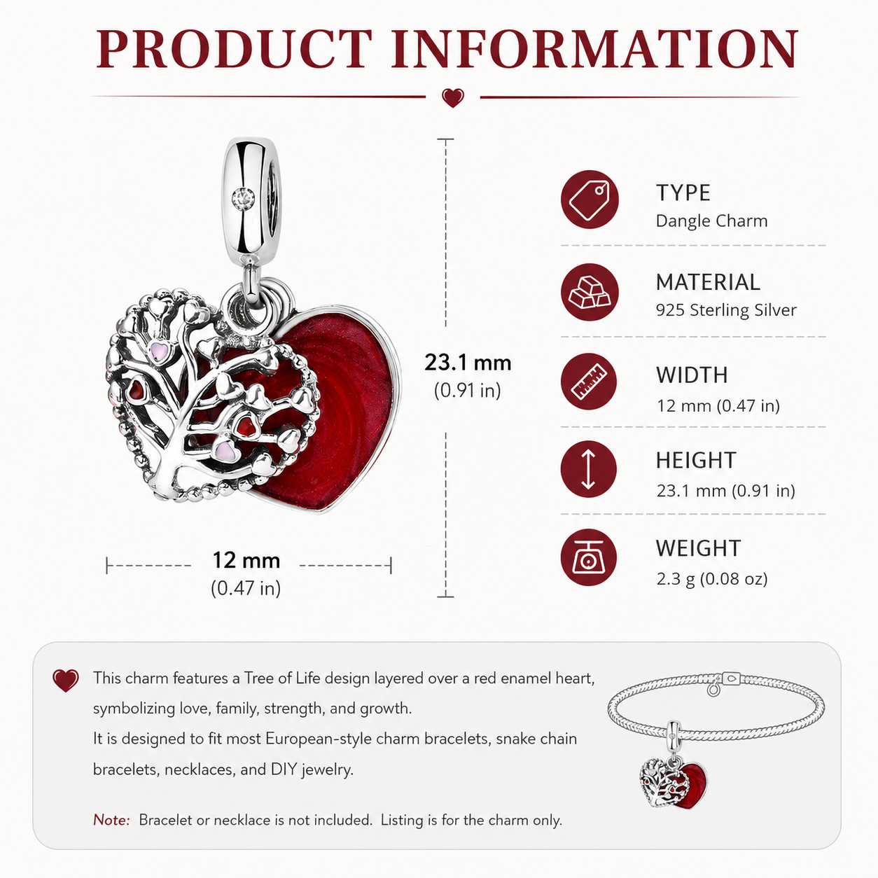 925 Sterling Silver Tree of Life Heart Dangle Charm