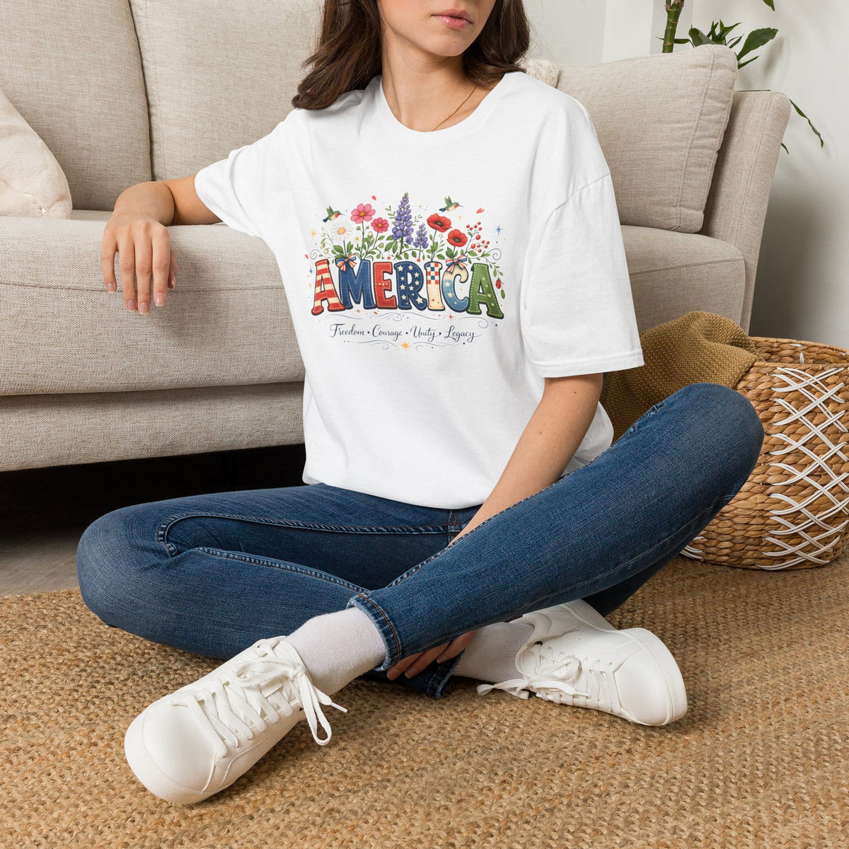 America (Floral) Freedom Courage Unity Legacy Adult T-shirt