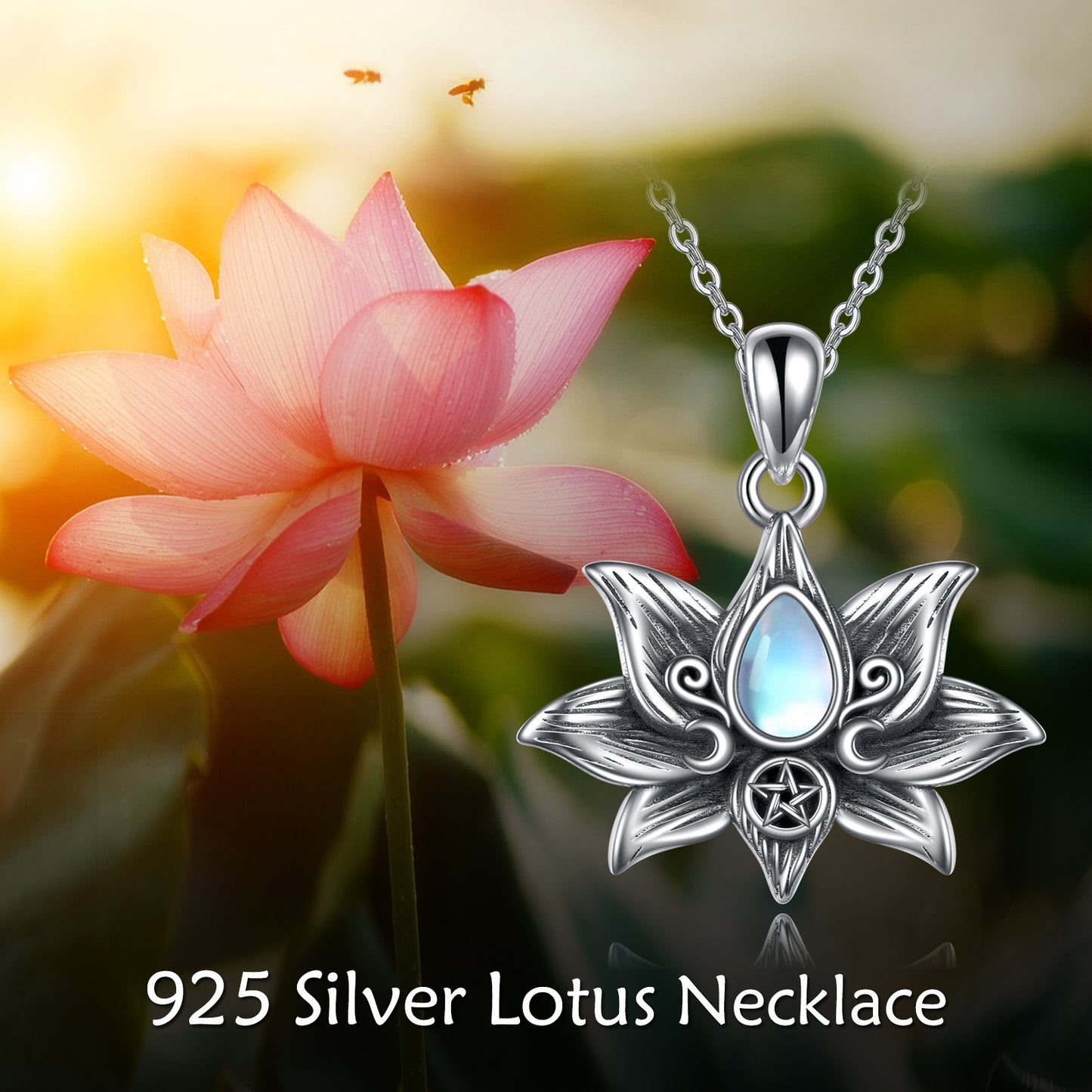 Triple Moon Goddess & Lotus Pendant with Moonstone Sterling Silver Necklace