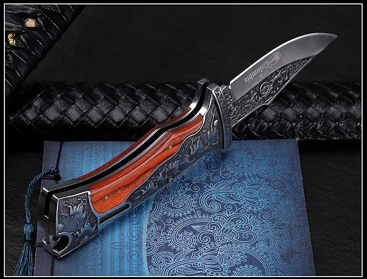 Engraved Folding Pocket Knife with 7Cr17MoV Stainless Steel Blade & Wood Handle – Everyday Carry EDC Knife