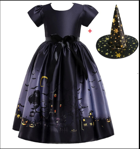 Halloween Cute Witch Dress Printed Mesh