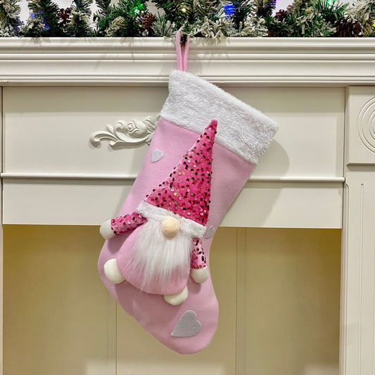 Gnome Christmas Stockings – 3D Plush Gnomes with Sparkling Sequin Hats