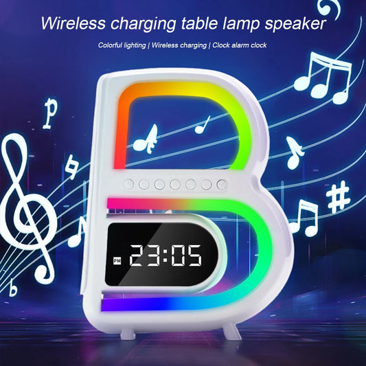 B-Shaped Bluetooth Speaker with Smart Lighting and Wireless Charger