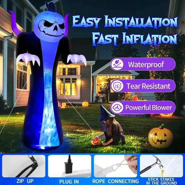 12FT Giant Pumpkin Reaper Ghost Halloween Inflatable with Rotating LED Flames