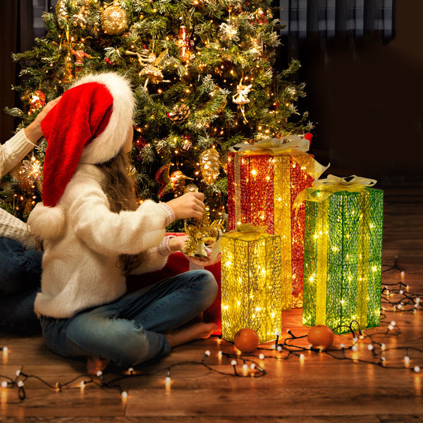 Green Gold Christmas Lighting Gift Box 3pcs Set 18in-15in-11in