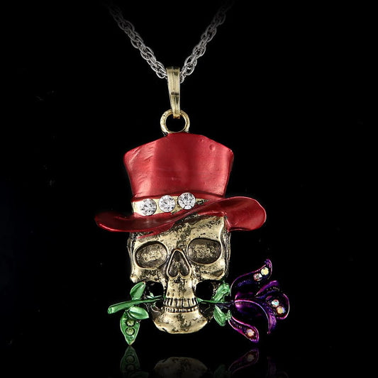Top Hat Skull & Rose Pendant Necklace