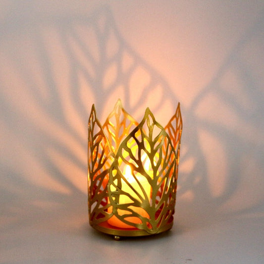 Nordic Wrought Iron Gold Hollow Leaf Candle Holder