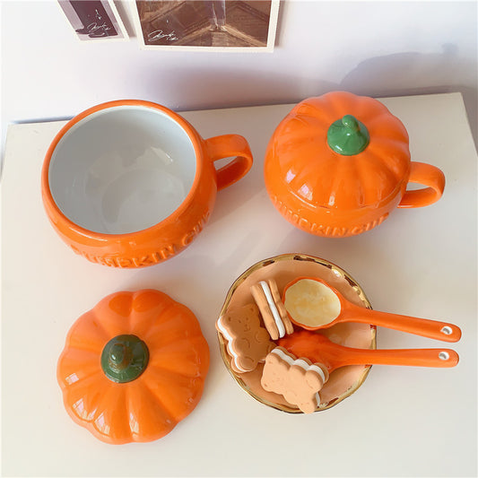 Ceramic Pumpkin Condiment Cup w/Lid & Spoon