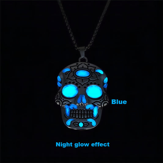 Luminous Skull Necklace With Day Of The Dead Lotus Pattern Necklace