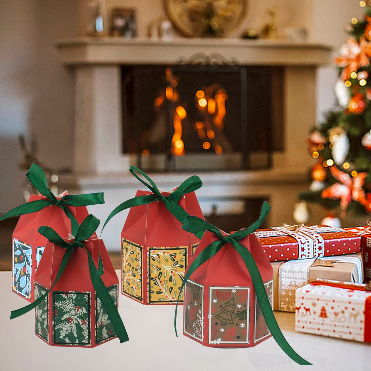 Christmas Hexagon Gift Boxes with Ribbons – 20-Pack Holiday Favor