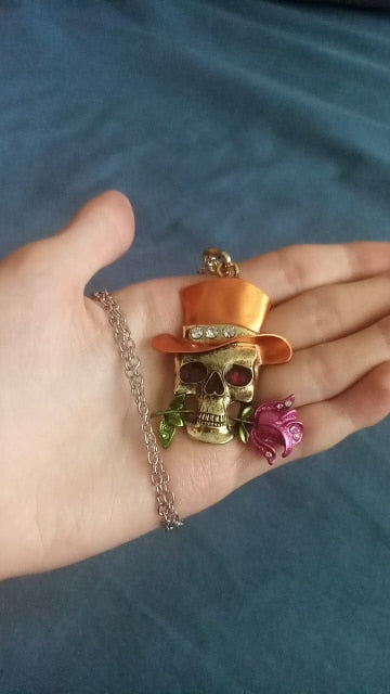 Top Hat Skull & Rose Pendant Necklace