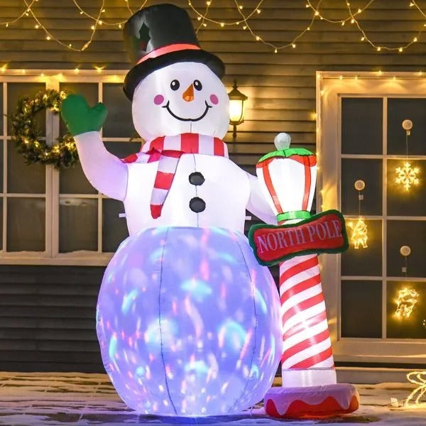 Inflatable Snowman with North Pole – LED Color-Changing Lights