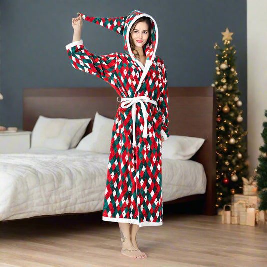 Christmas Women Fleece Hooded Plush Bathrobe