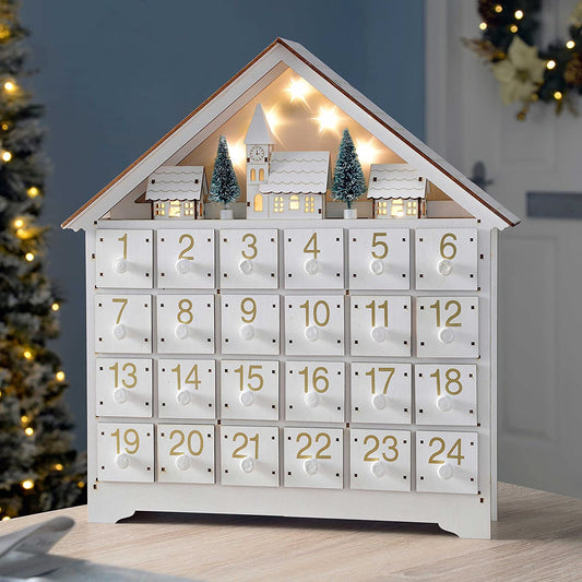 Wooden Advent Calendar with 24 Drawers & Lighted Christmas Village