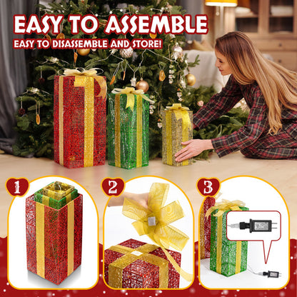 Green Gold Christmas Lighting Gift Box 3pcs Set  18in-15in-11in