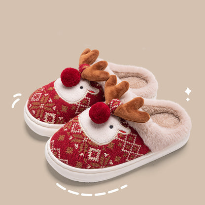 Cute Christmas Plaid Reindeer Plush House Slippers