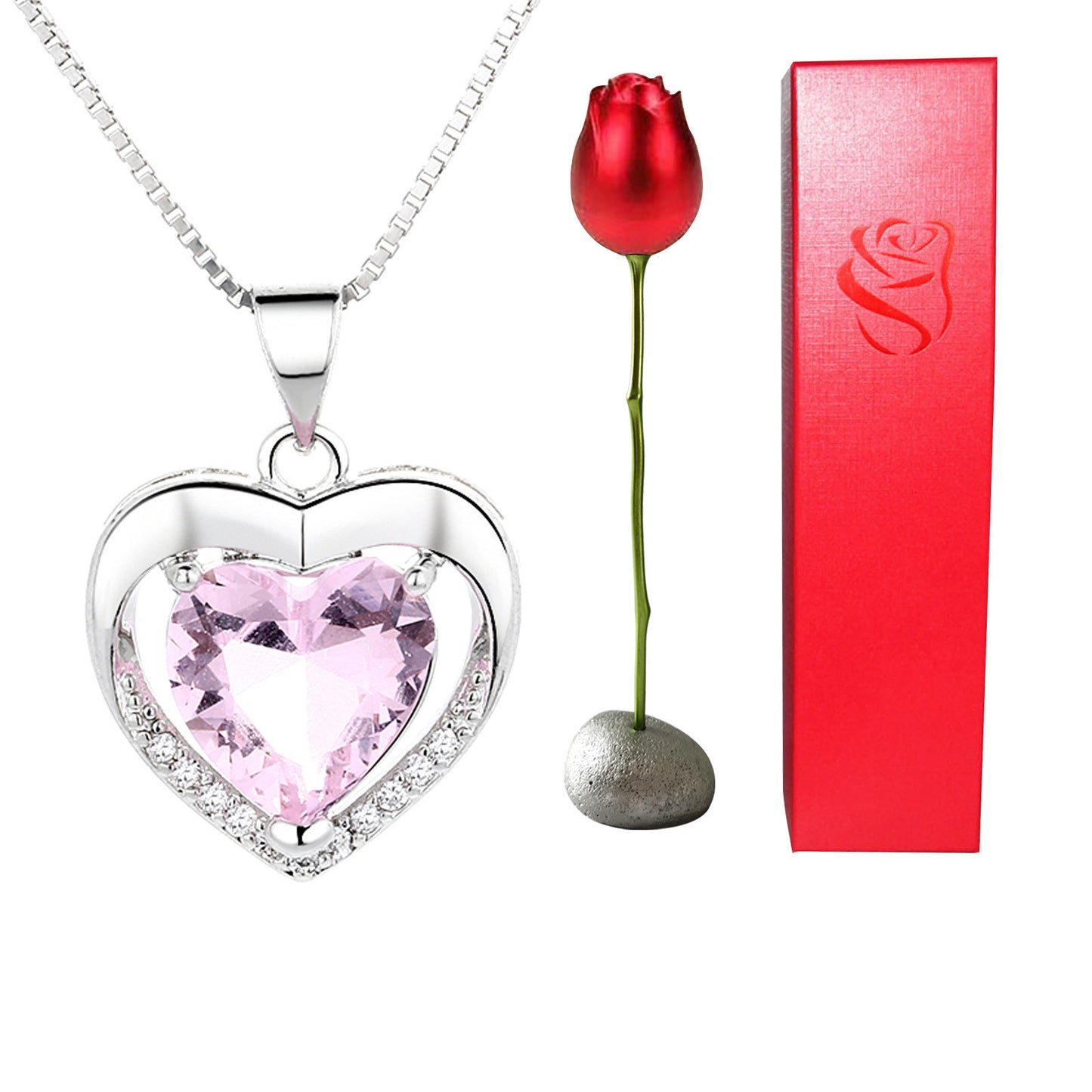 Heart Shaped Crystal Diamond Pendant Rose Head Necklace