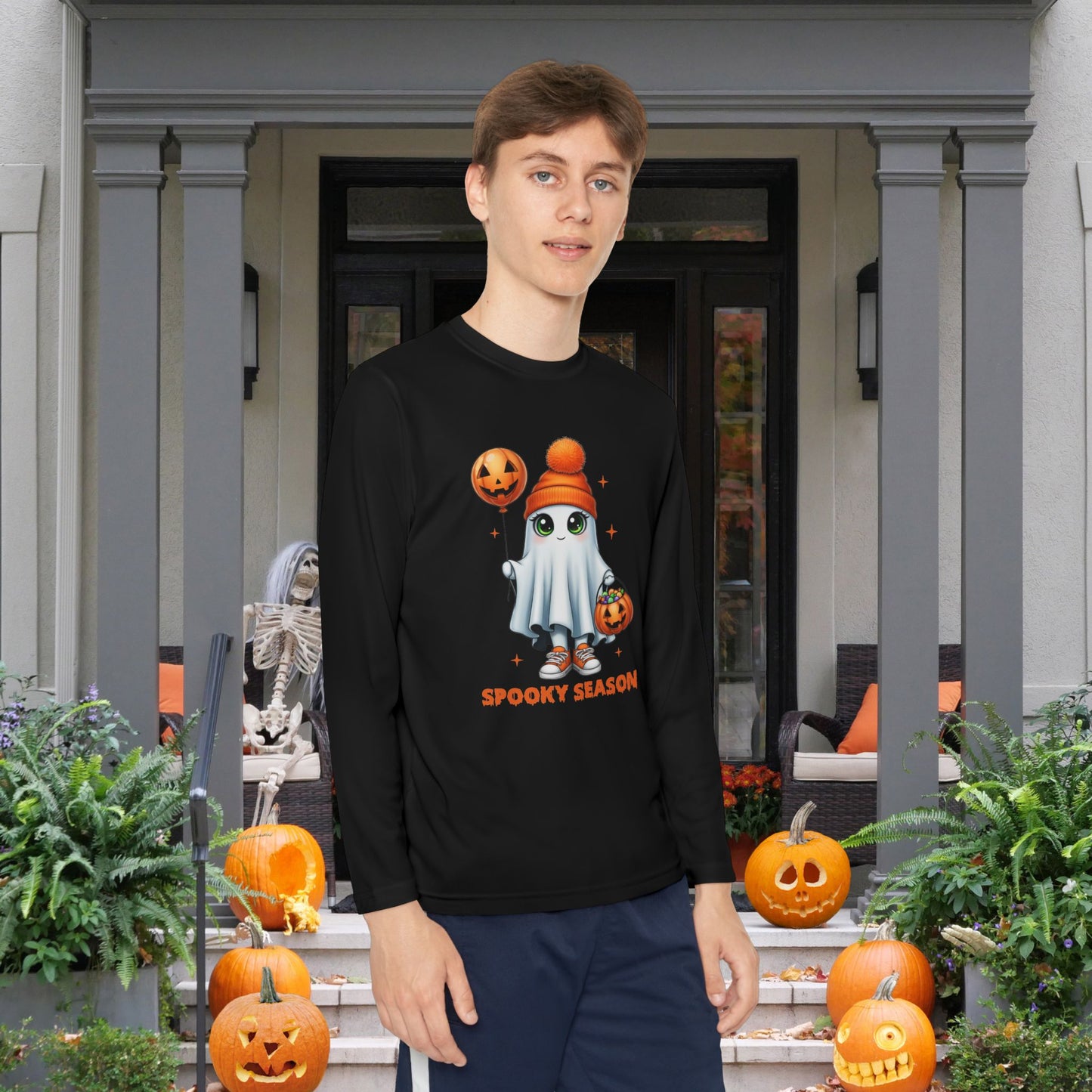 Spooky Season Ghost Trick-or-Treater Youth Long Sleeve Tee