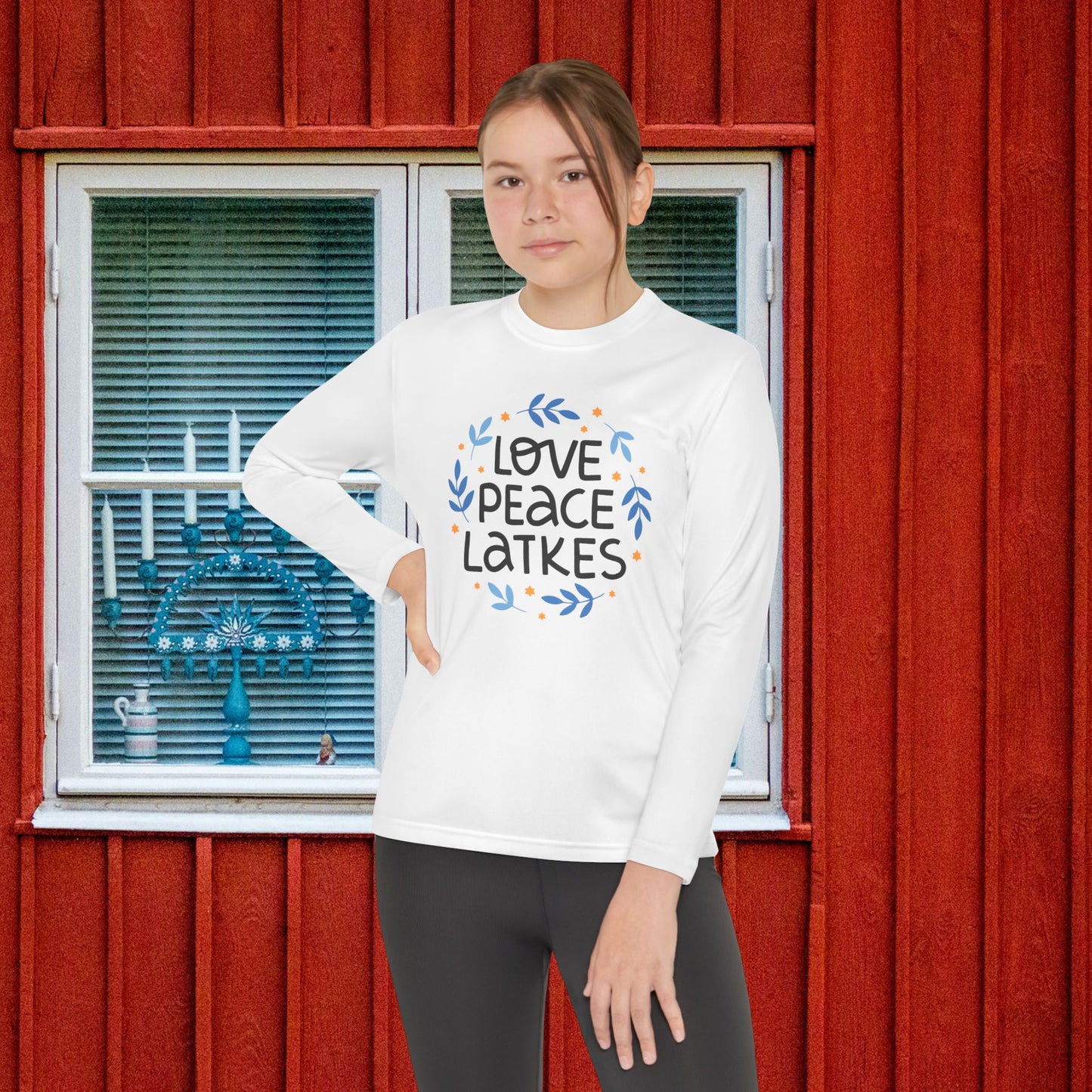 Hanukkah Love Peace Latkes Youth Long Sleeve Tee