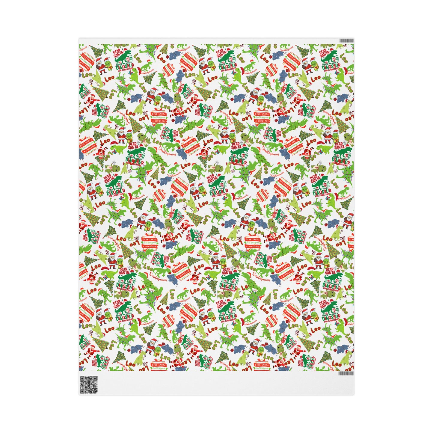 Dinosaur Santa Themed Custom Name Wrapping Paper (Leo)