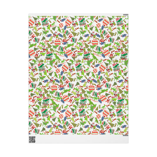 Dinosaur Santa Themed Custom Name Wrapping Paper (Leo)