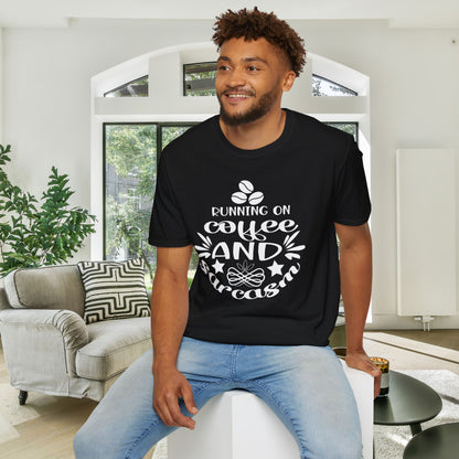 Running On Coffee And Sarcasm Adult T-shirt