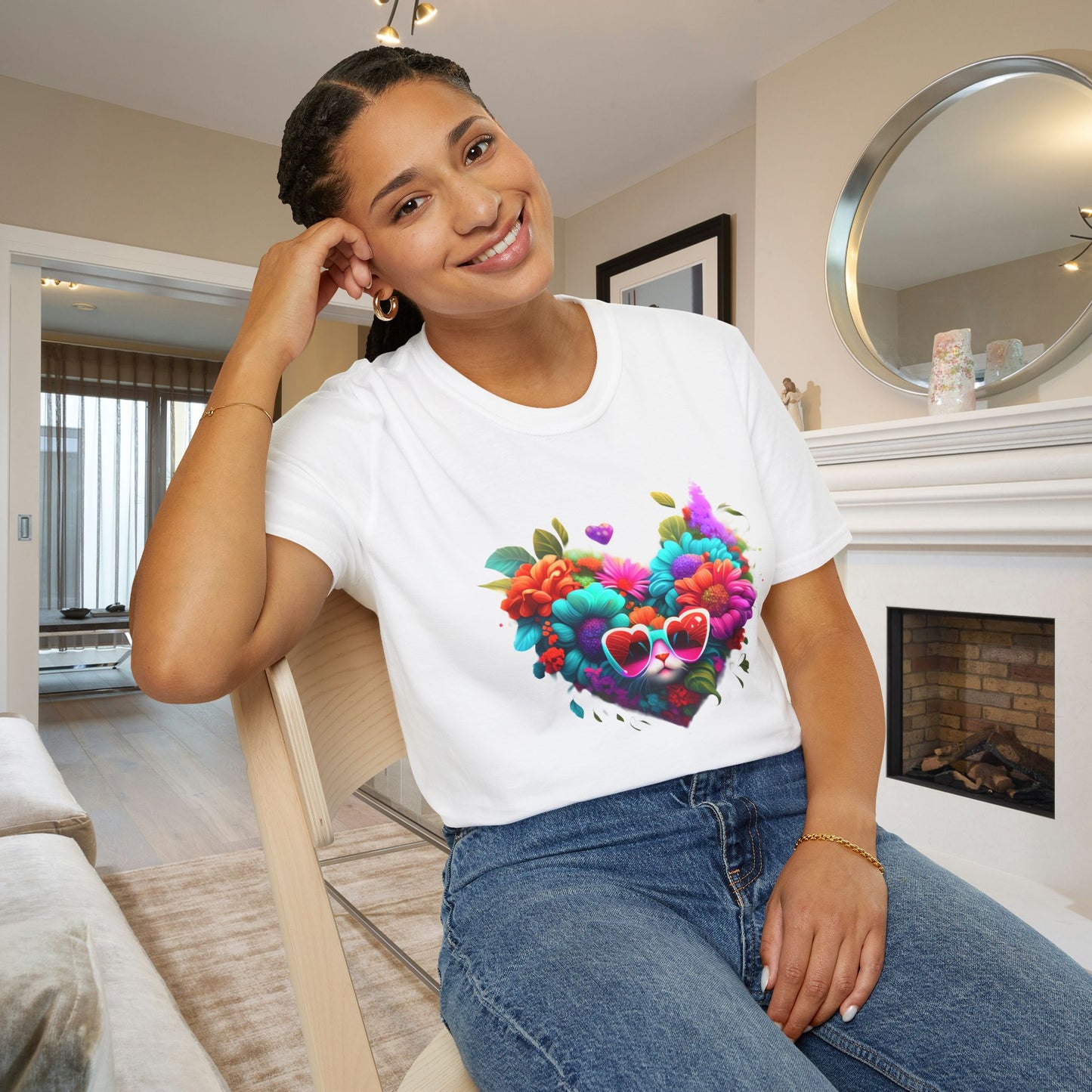 Colorful Flowers/Heart Kitten Adult T-shirt
