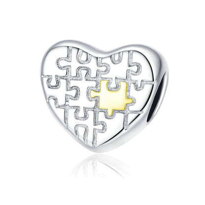 Heart & Puzzle Silver Plated Charm (Bracelet not included)