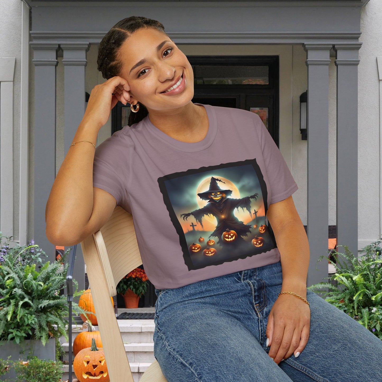Halloween Scarecrow w/Pumpkins 2 Adult T-shirt