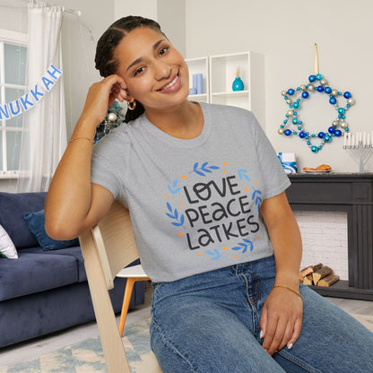Hanukkah Love Peace Latkes Adult T-shirt