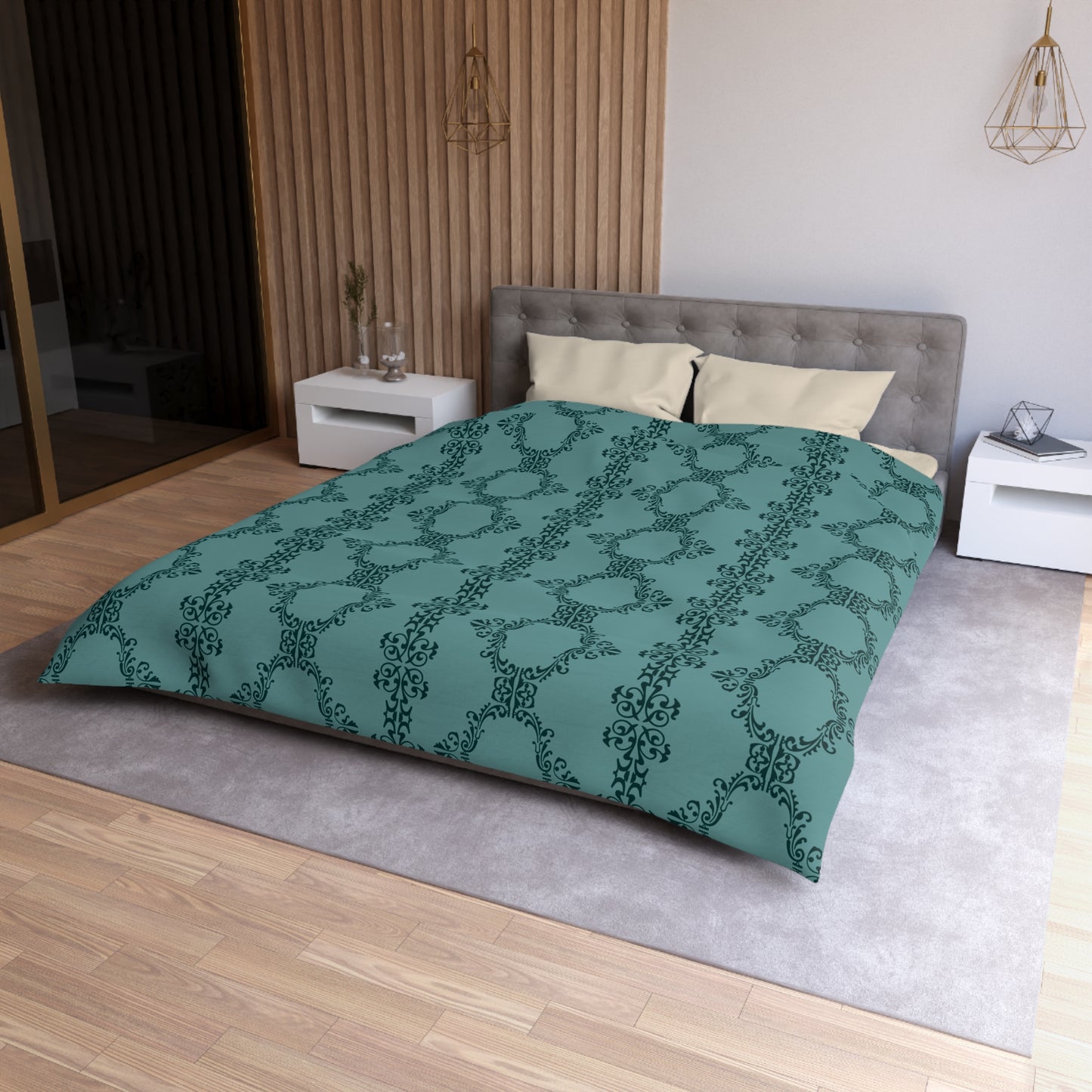 Teal Lace Pattern Microfiber Duvet Cover