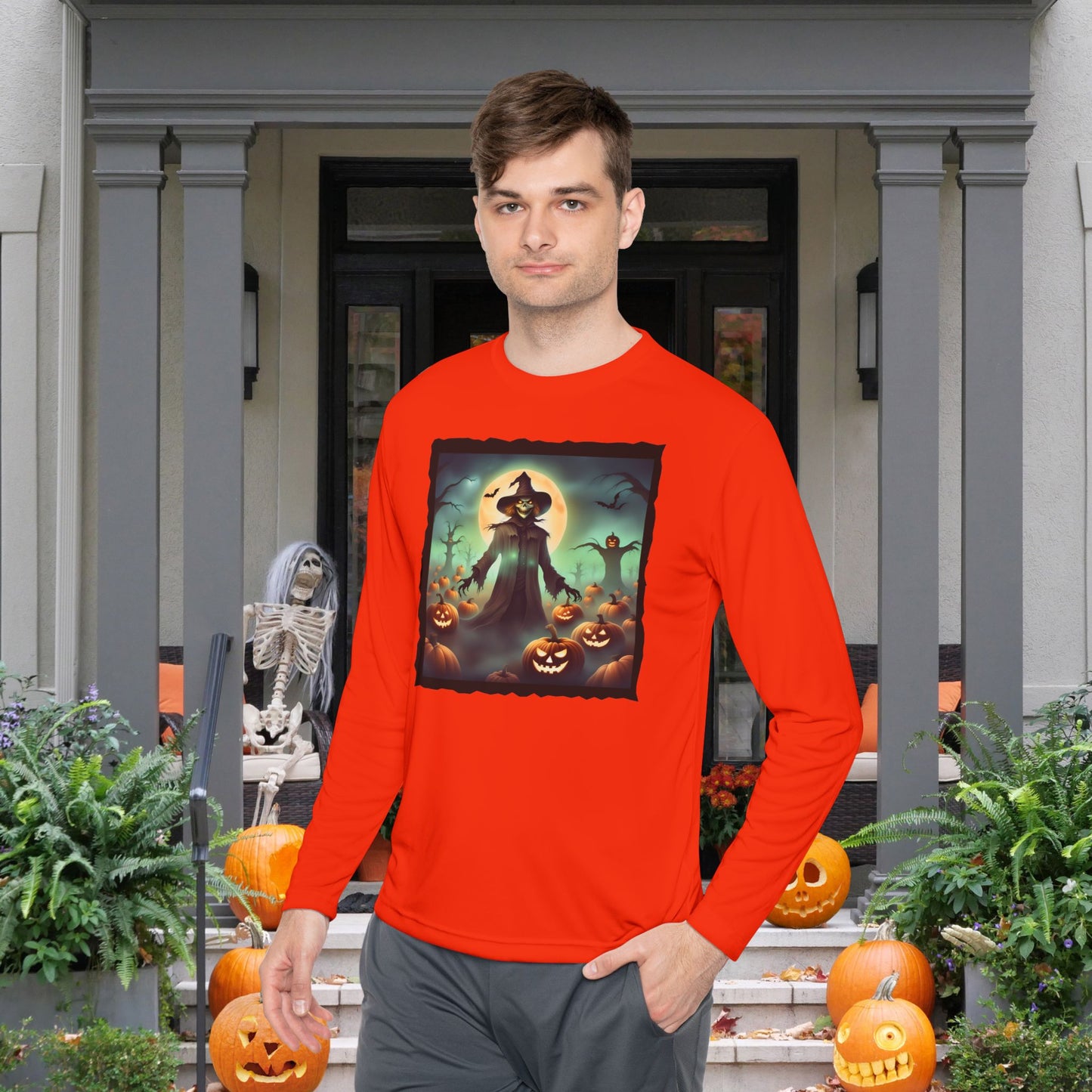 Halloween Scarecrow w/Pumpkins 4 Adult Long Sleeve Tee