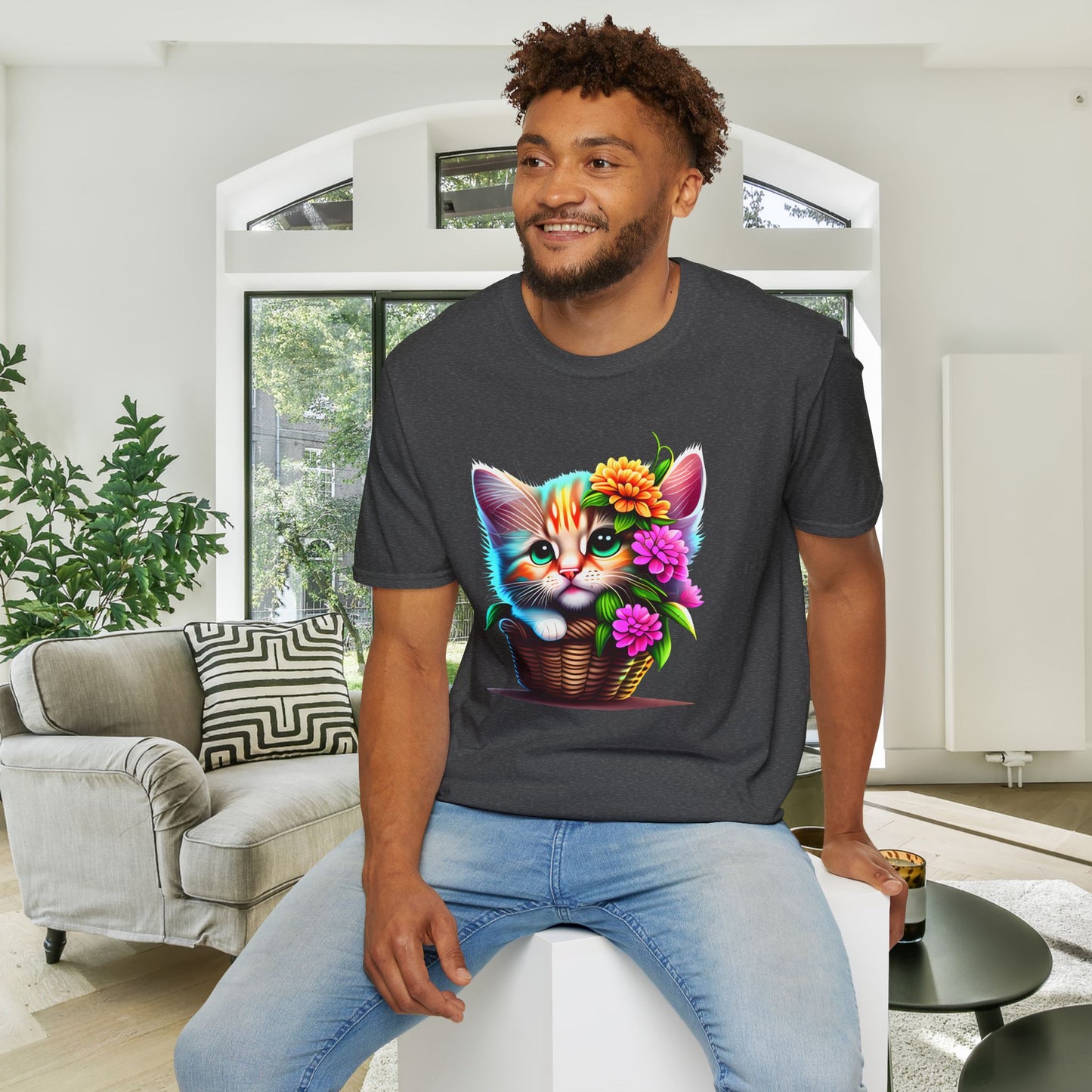 Cute Colorful Kitten in Flowers Adult T-shirt
