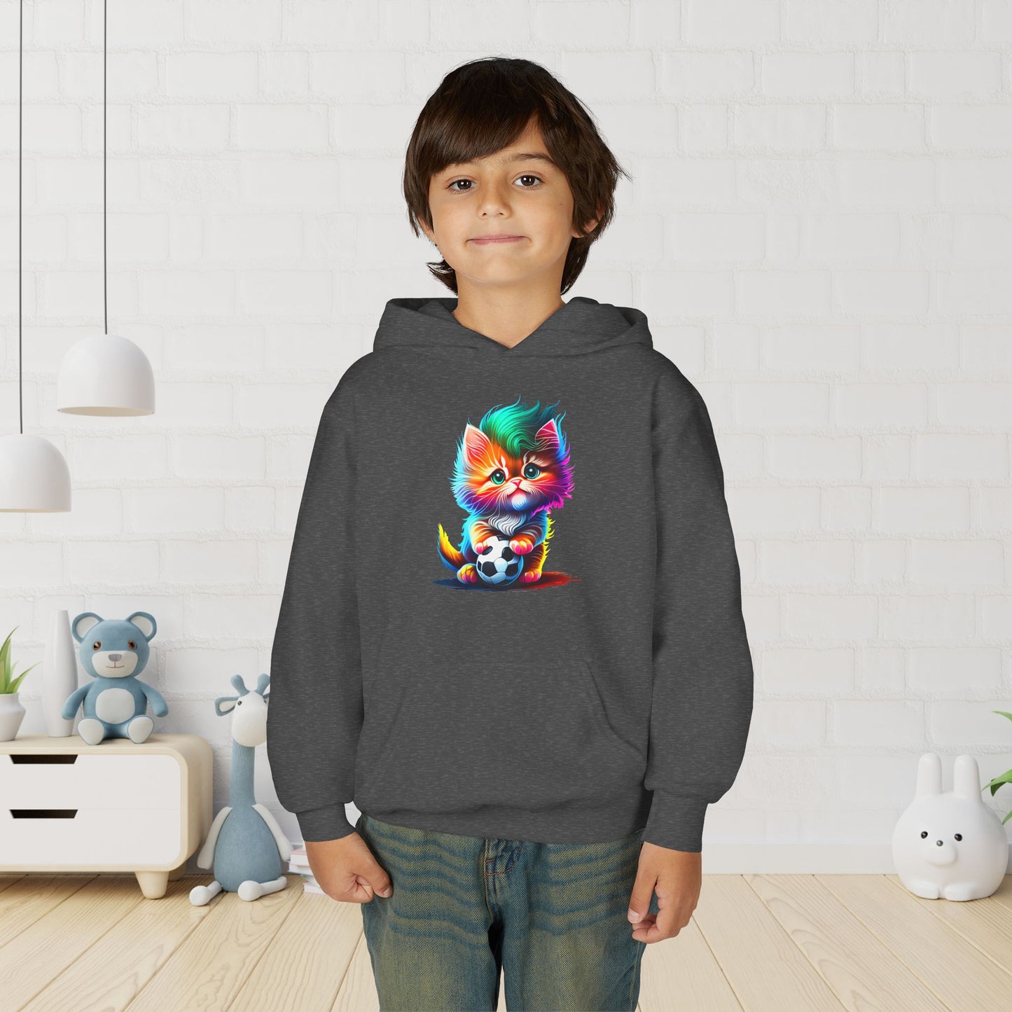 Cute Colorful Kitty w/Soccer Ball Youth Hoodie