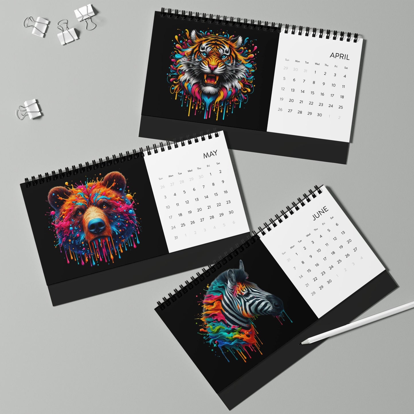 2026 Color Splash Animal Desktop Calendar — Grid Monthly Planner