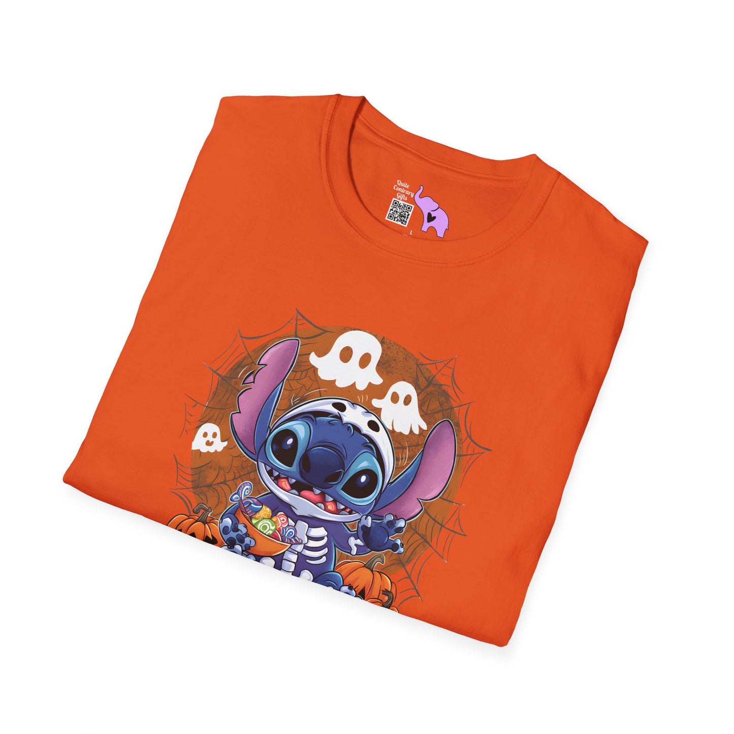 Halloween Skeleton Stitch w/Ghosts & Pumpkins Adult T-shirt