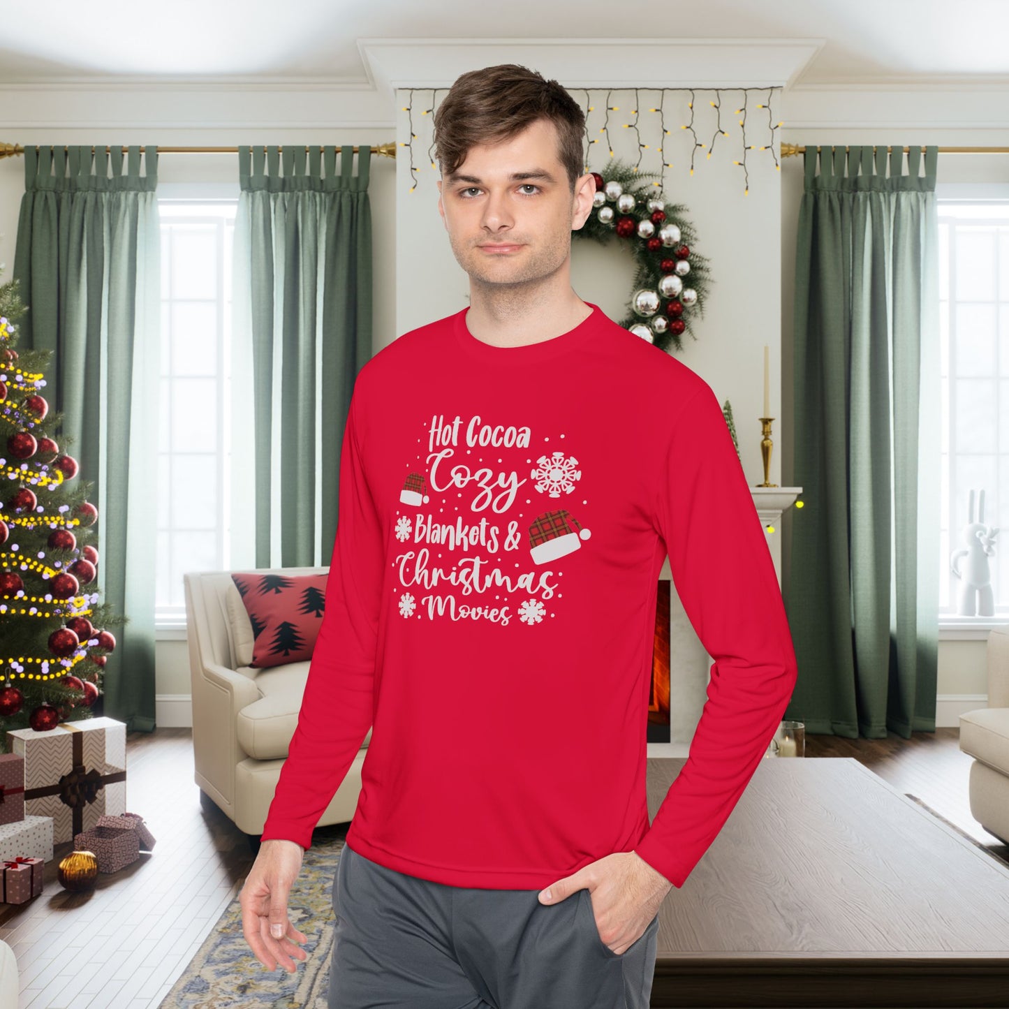 Hot Cocoa, Cozy Blankets & Christmas Movies Adult Long Sleeve Tee