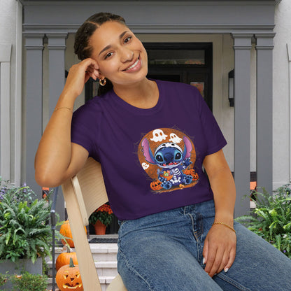 Halloween Skeleton Stitch w/Ghosts & Pumpkins Adult T-shirt