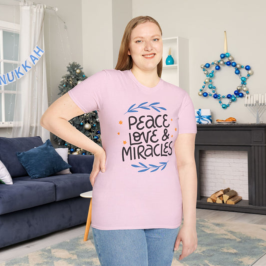 Hanukkah Peace Love & Miracles 2 Adult T-shirt