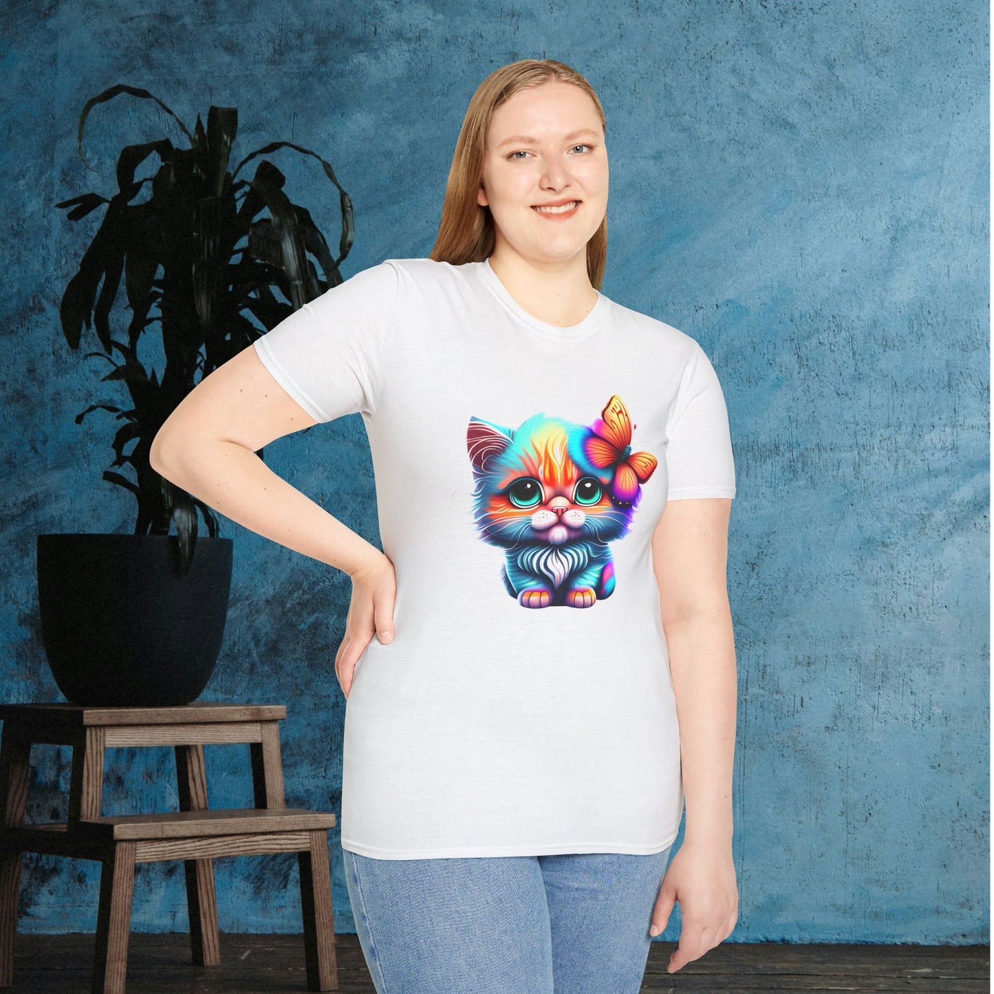 Cute Colorful Kitten w/Butterfly Adult T-shirt